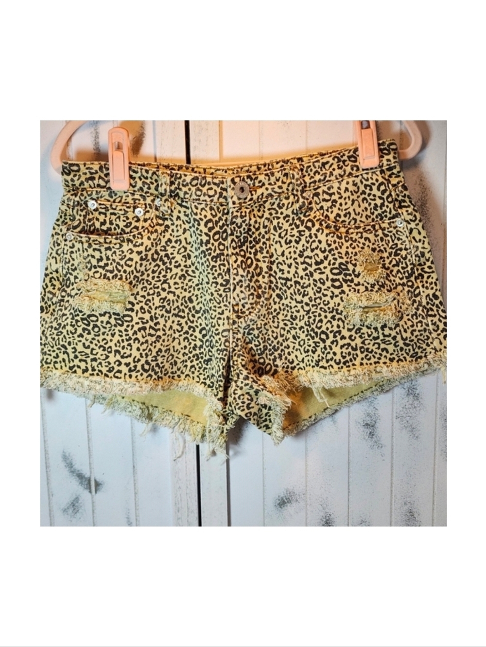 POL Cheetah Print Denim Distressed Shorts